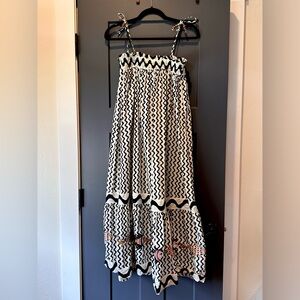 Oliphant Black Ripple Tie Strap Smocked Straight Midi Dress